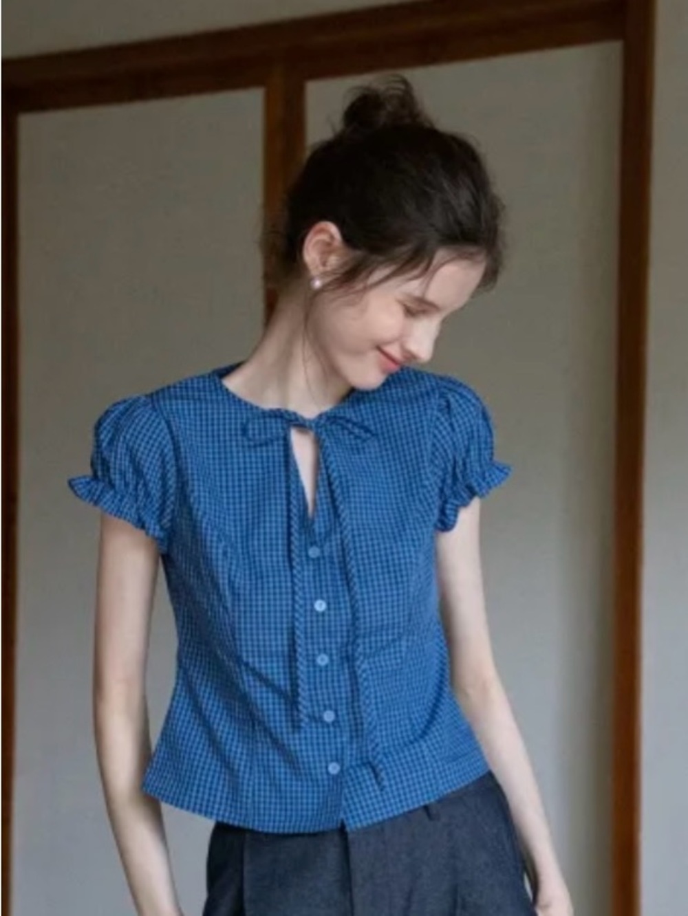 Blue Gingham Tie-Neck Short Sleeve Top